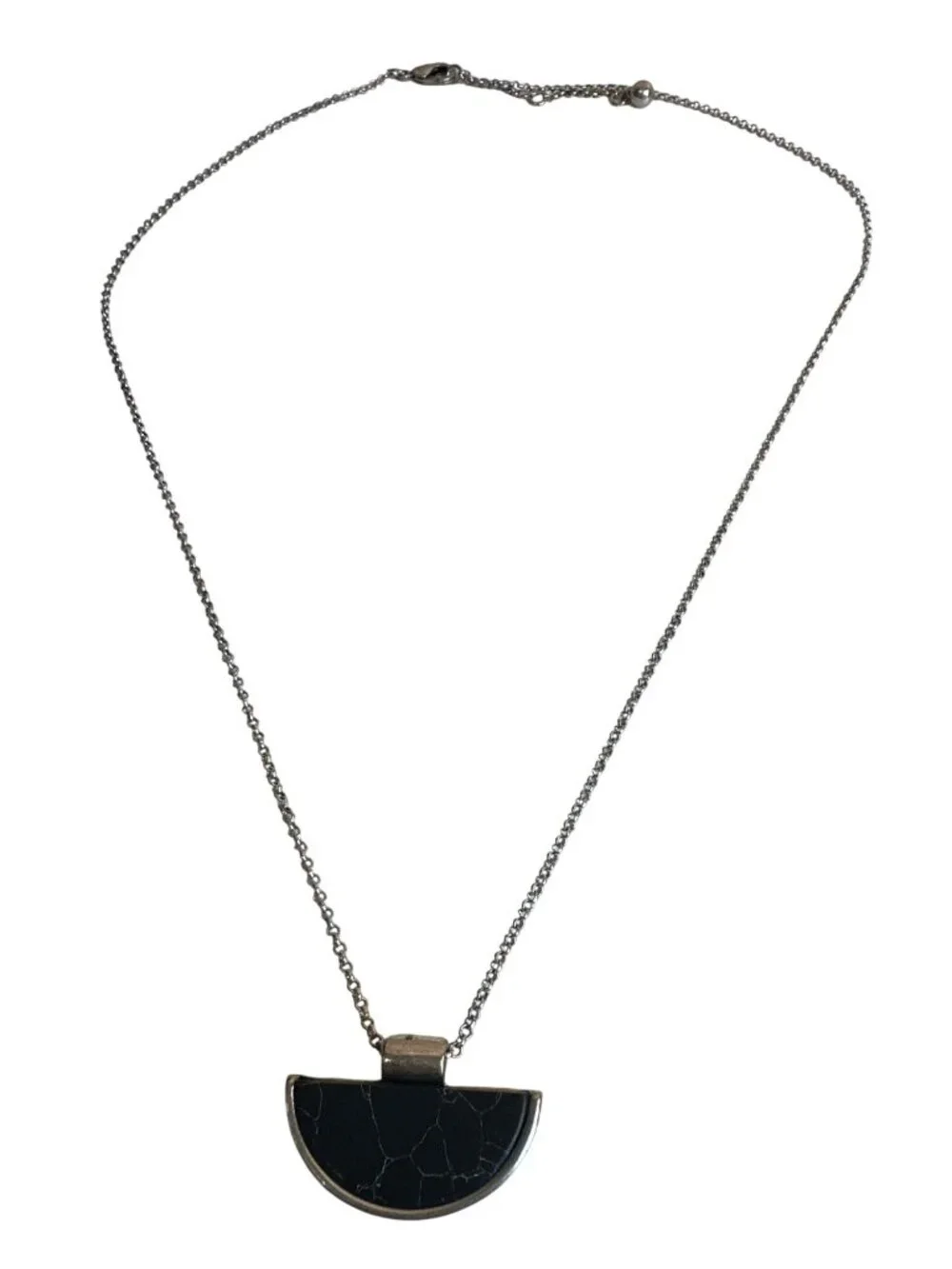 Silver Chain Necklace Black Crescent Stone Pendant & Crackle Design Elegant Chic